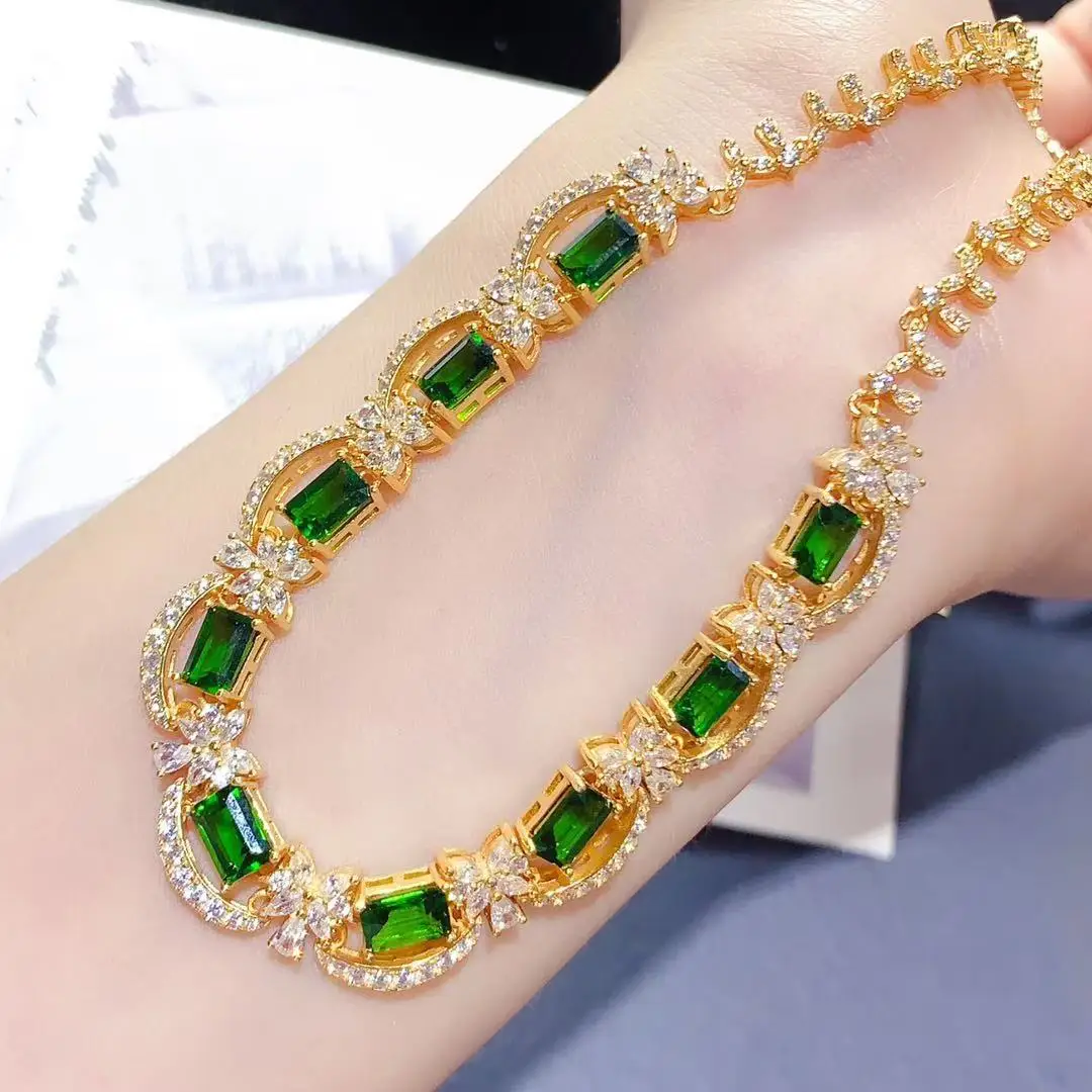 Square Diopside Necklace Gala Elegant, S925 Sterling Silver Evening Gem Collarbone