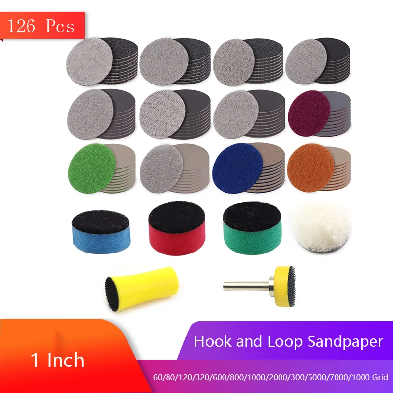 

1 Inch Hook and Loop Sandpaper Assorted 60-10000 Grit 126 Pcs with Backing Pads 1/8" Shank Backing Pad for Metal Mirror Jewelry