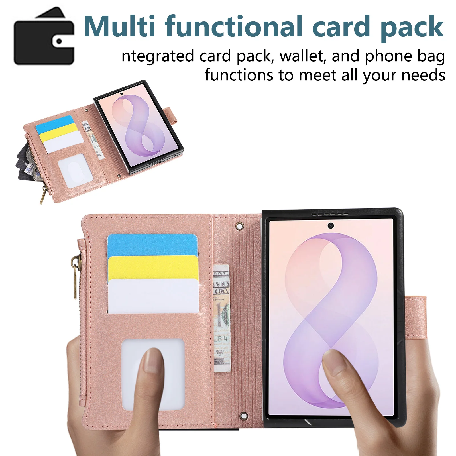 Crossbody Wrist Strap Wallet Card Holder Phone Case for Samsung Galaxy Z Fold 8 Fold8 Shockproof Leather Zipper Cover Bag view 2