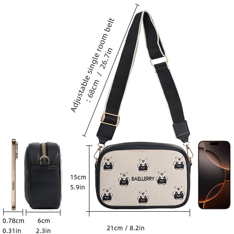 1Pc-Baellerry Cute Bear Print Women's Camera Crossbody Bag, Canvas and Pu Lightweight Shoulder Bag, Adjustable Wide Shoulder Strap, Thoughtful Gift for Young Girls