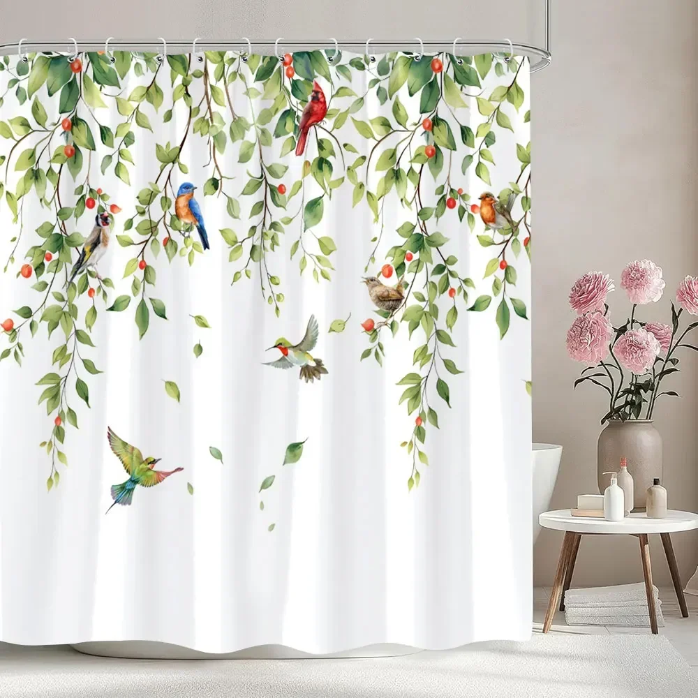 Leaves Floral Shower Curtain Watercolour Plants Green Leaves Rustic Rustic Wood Panel Polyester Shower Curtains Bathroom Decor