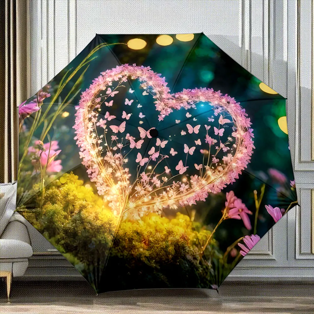 Butterfly Floral Heart Fairy Lights in Enchanted Forest Design portable waterproof sun rain umbrella for outdoor travel beach