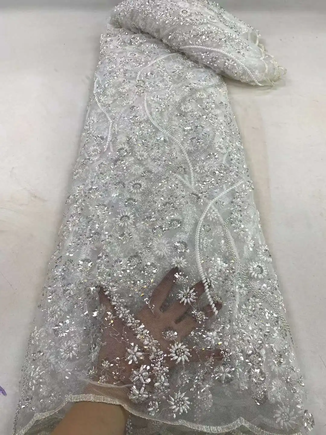 Brown African Sequins Lace Fabric Dresses for Woman 2023 Tulle French Beaded Lace Fabric for Sewing Bride Clothes Material ZX425