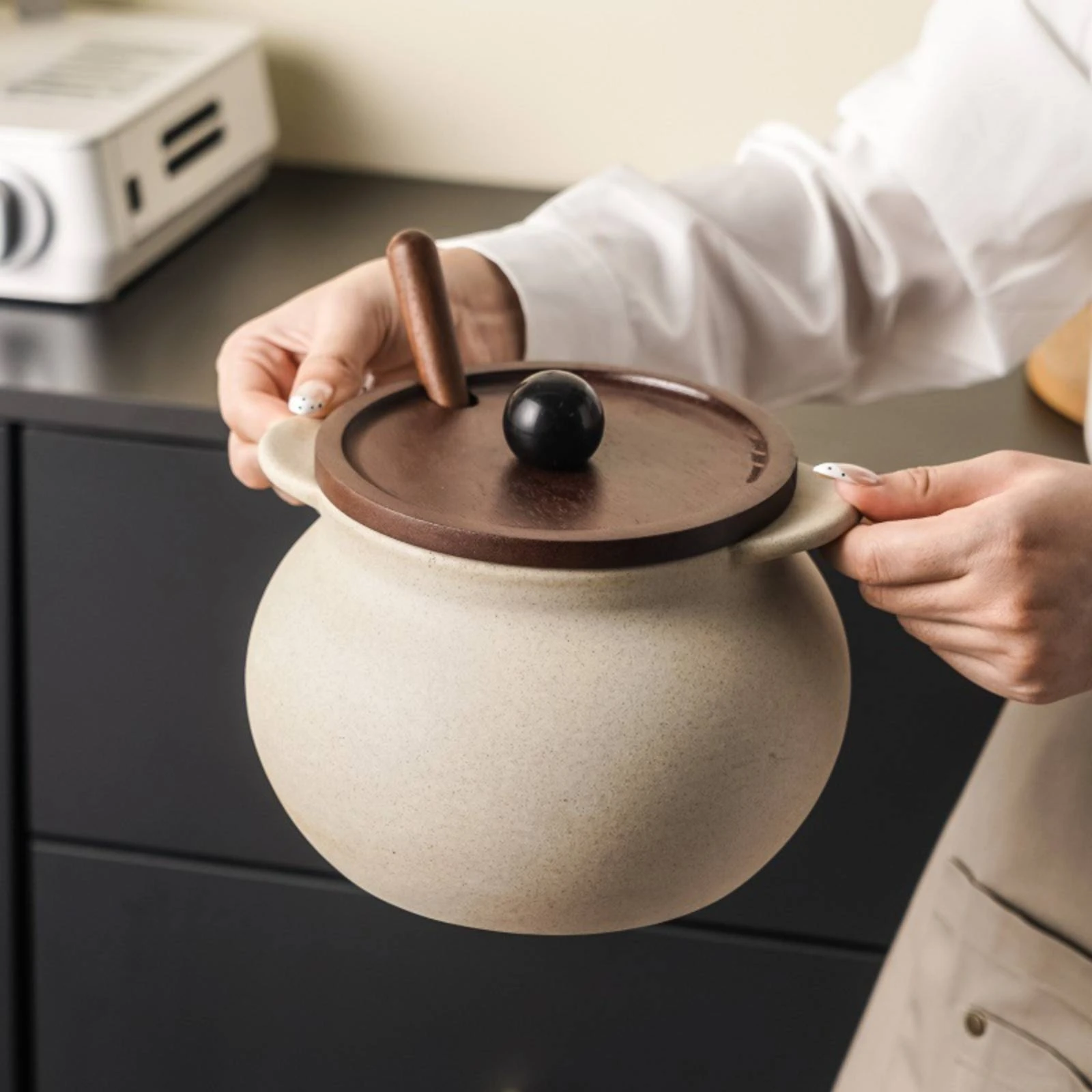 Tarro de cerámica para manteca con asas, recipiente de cerámica con tapa beige, fácil de limpiar para cocina