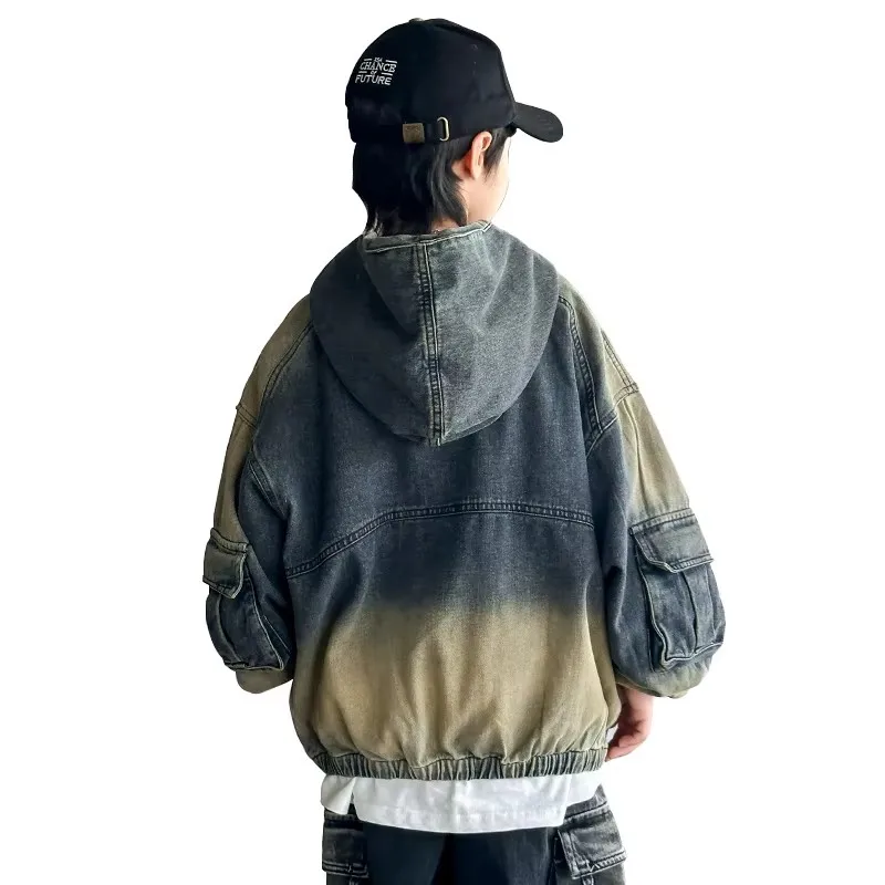 

High Quality Kids Denim Coat for Boy With Hood Teens Child Cool Gradient Denim Clothing Spring Kids Pullover Outerwear 5-14 Year