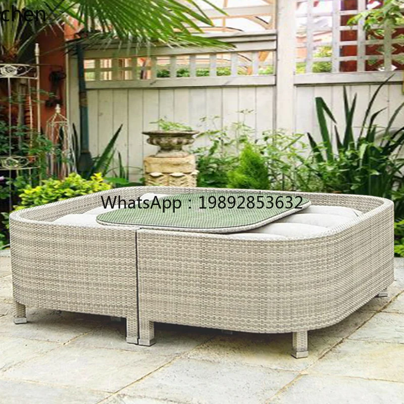 Outdoor Sofa Courtyard Terrace Waterproof Sunscreen double Sofa Balcony Open-air Rattan Table and Chair Three-piece Set
