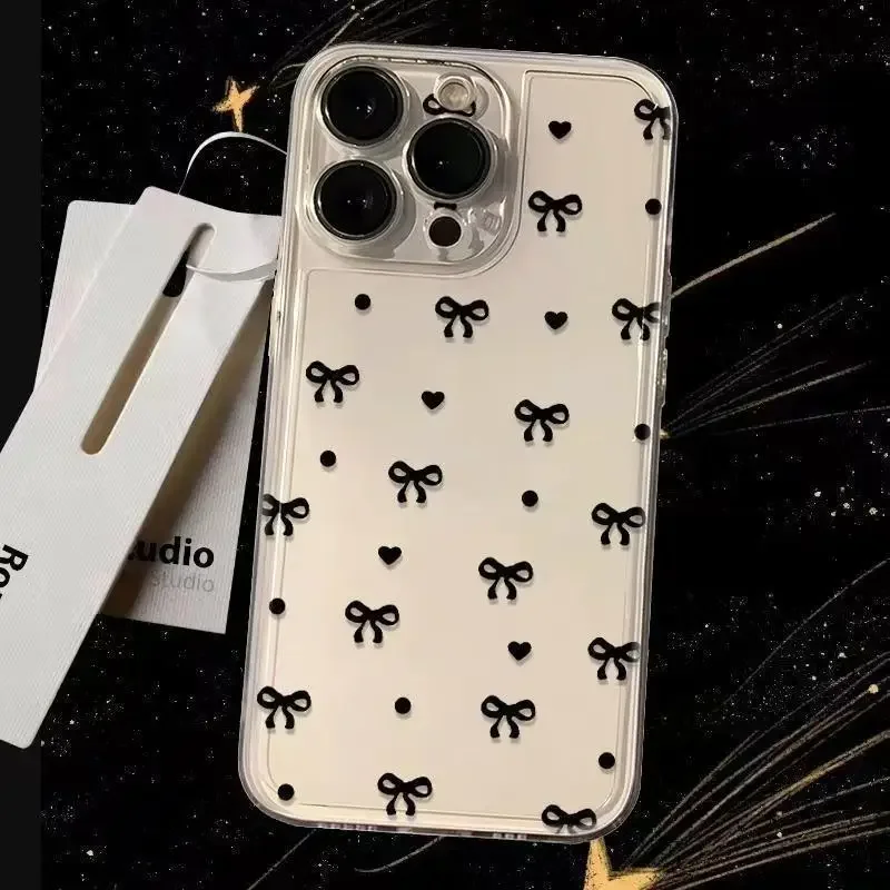 Black Bow Phone Case for iPhone 16 15 14 13 12 11 Pro Max X Xs Max XR 12 Mini Soft Clear Cover Transparent Fundas