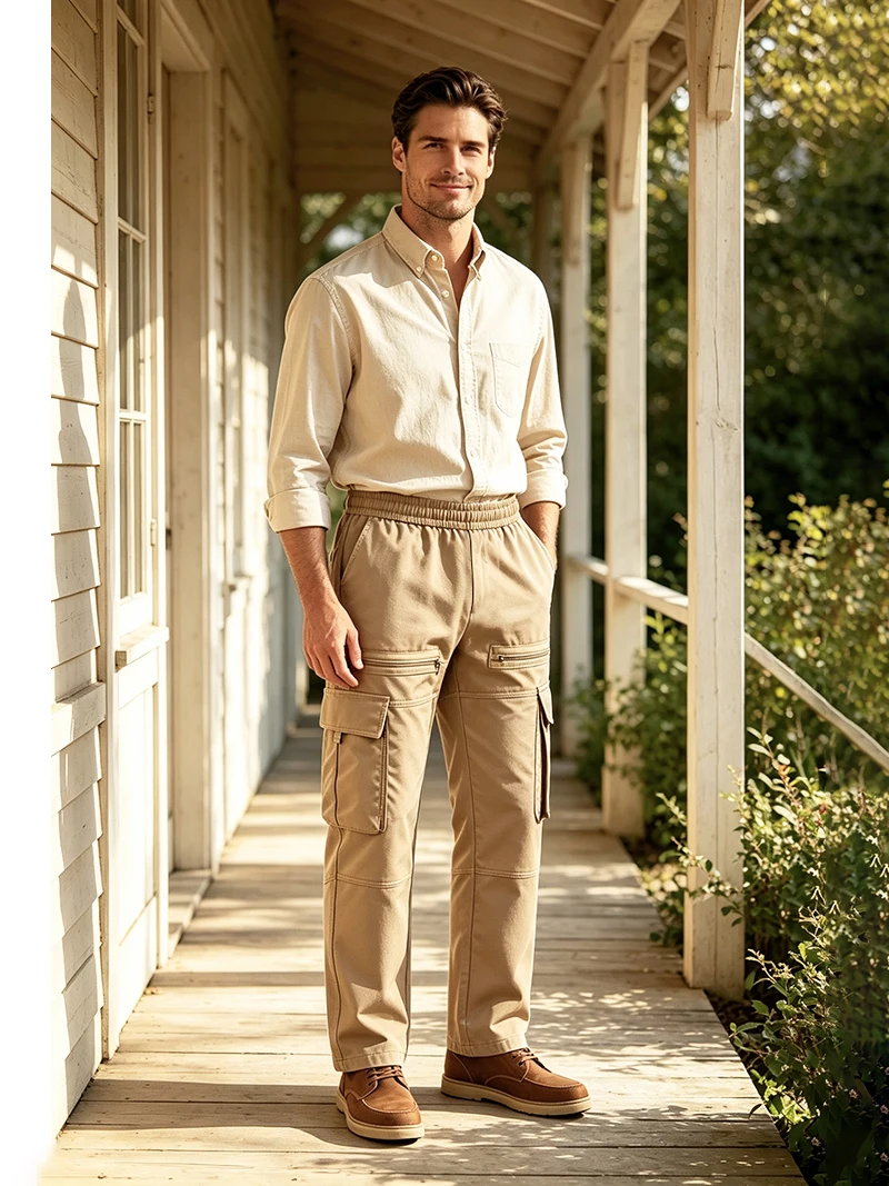 Herren Cargo-Hosen mit elastischem Bund, Kordelzug, mehreren Taschen, normaler Passform, geradem Bein, lässige Frühlings- und Herbst-Outdoor-Streetwear-Hosen – Detail 18
