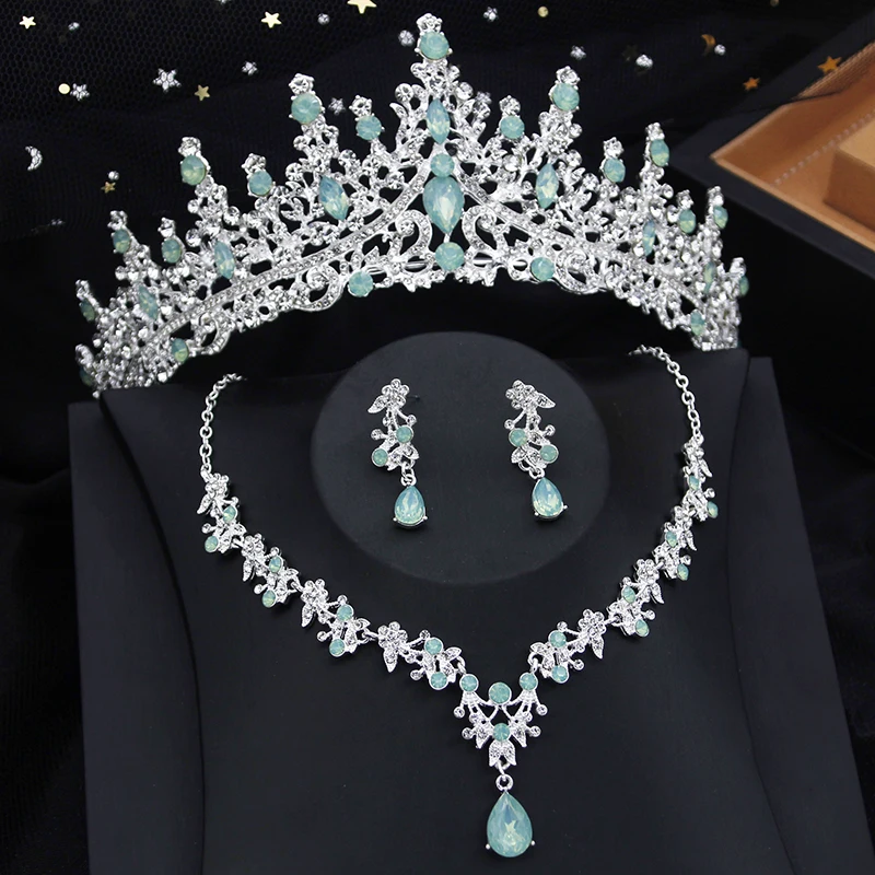 Luxury Silver Color Opal Water Drop Crown Bridal Jewelry Sets Rhinestone Tiaras and Necklace Earrings Wedding Dress Jewelry Set