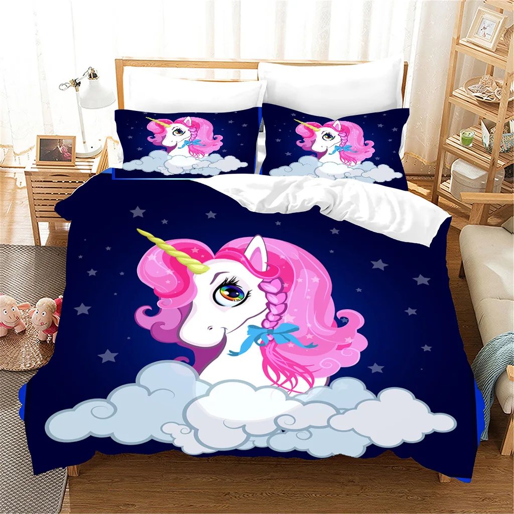 Colorful Cartoon Cute Rainbow Unicorn Series Kids Girls 3pcs Polyester Bedding Sets  Bed Duvet Cover Set and 2pcs Pillow cover