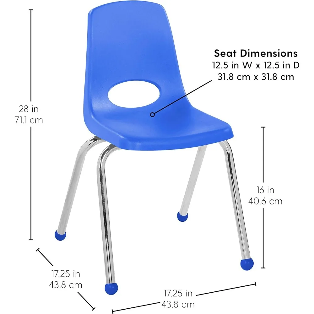 Escola Stack Chair, assento do estudante, pernas de aço cromado, bola Glides, cadeiras empilháveis, 16 ", 4 Pack