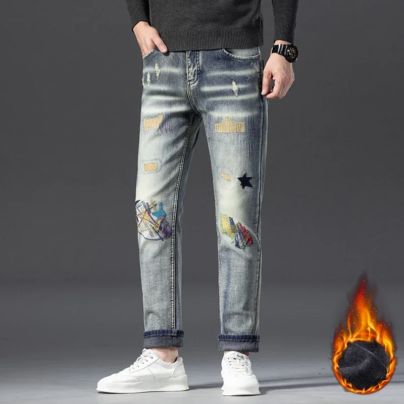 

Модные мужские джинсы прямого кроя с вышивкой и флисовой подкладкой, осенне-зимняя новинка, ретро-стиль, американский трендовый бренд, удлиненные
