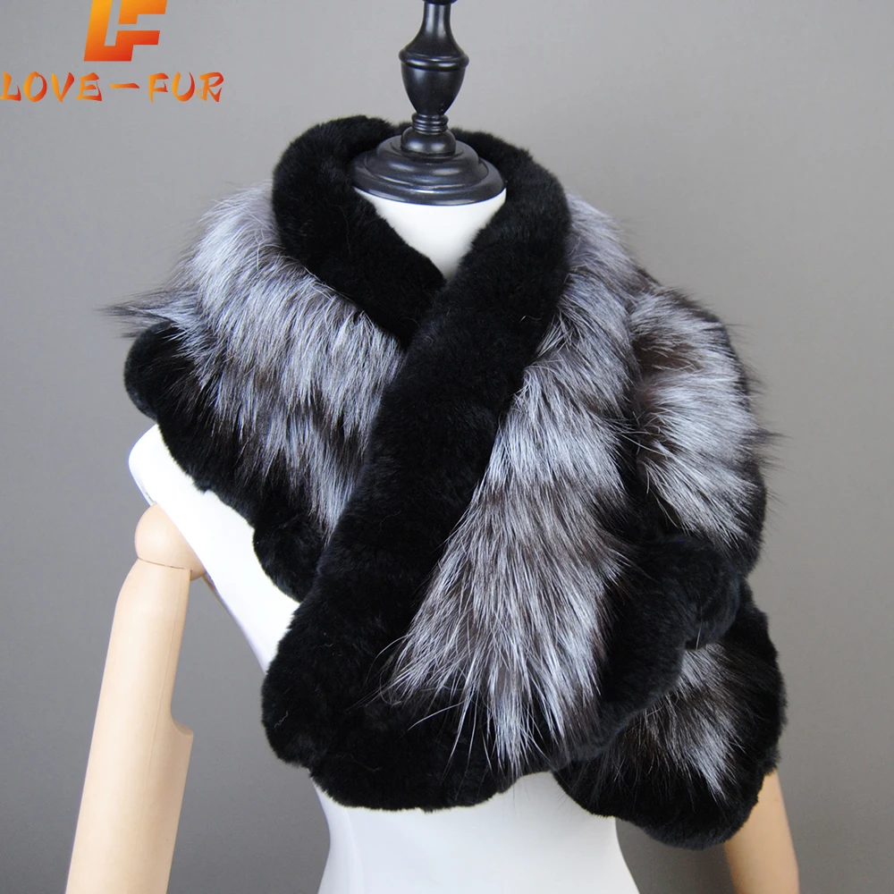 Genuine Rex Rabbit Fur Scarf With Fox Fur Women Winter Warm Scarves Trendy Elegant Natural Rex Rabbit Fur Ring Scarves Female