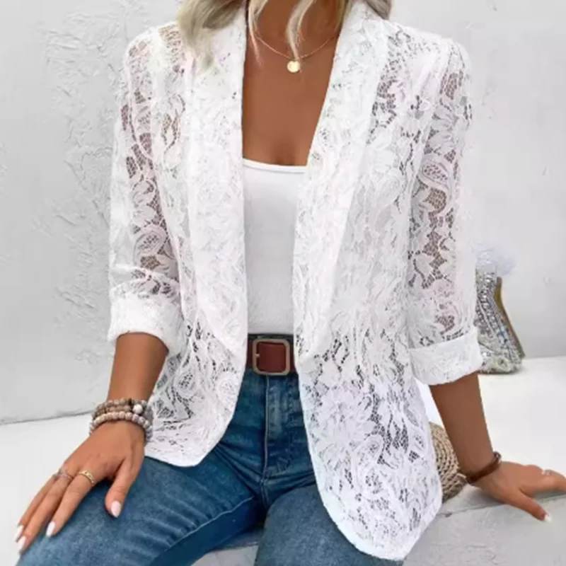 

GELITAYIN Lace Solid Color Long Sleeved Hollow Sexy Women's T-shirt Fashionable Street Elegant Versatile Spring Top