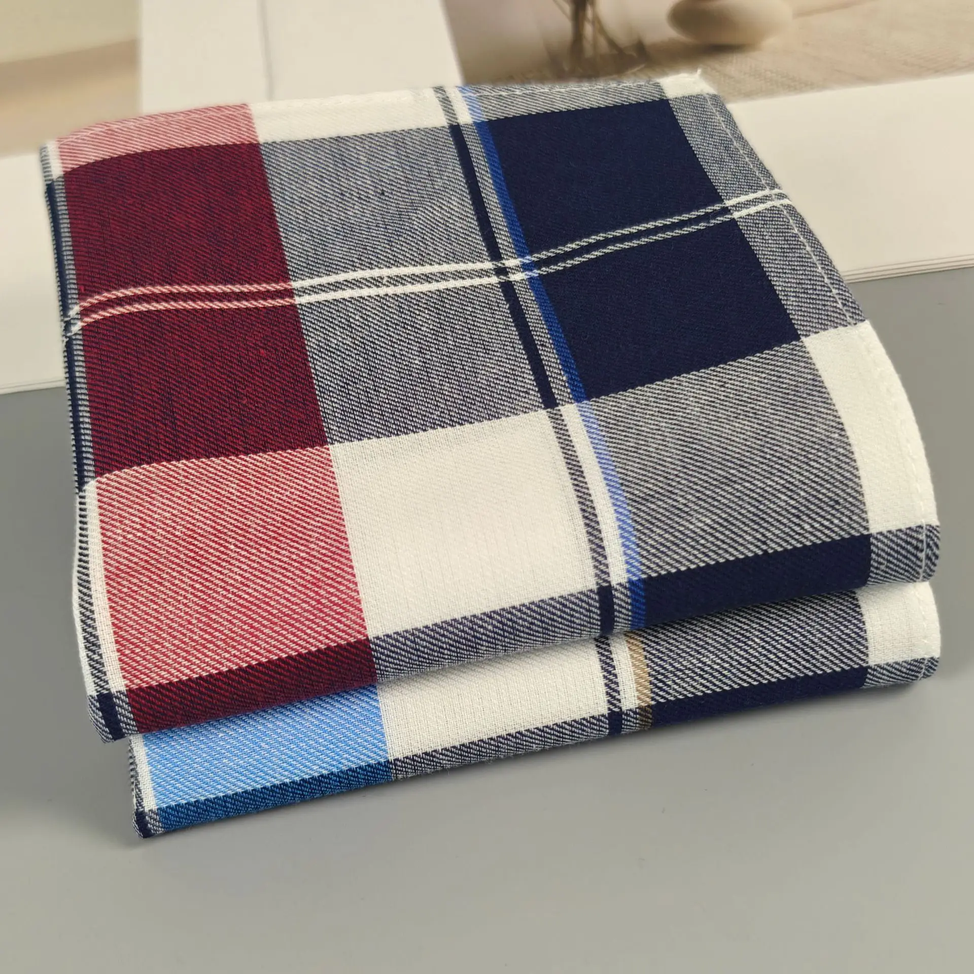 2pcs 100% Cotton Striped Plaid Handkerchiefs - Navy Blue Classic Pocket Squares for Men & Women, Soft Breathable 45CM Wipes