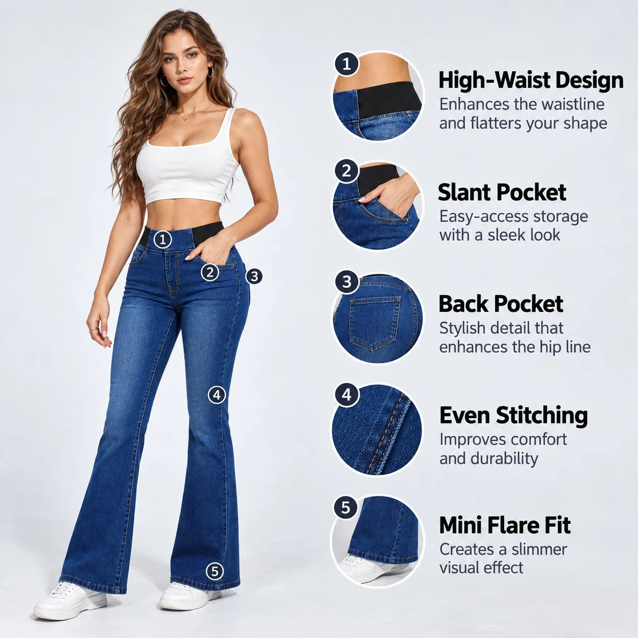Women's Flare Jeans High Waisted Stretch Denim Pants Slim Fit Bell Bottom Jeans with Elastic Waist Washed Blue Trousers