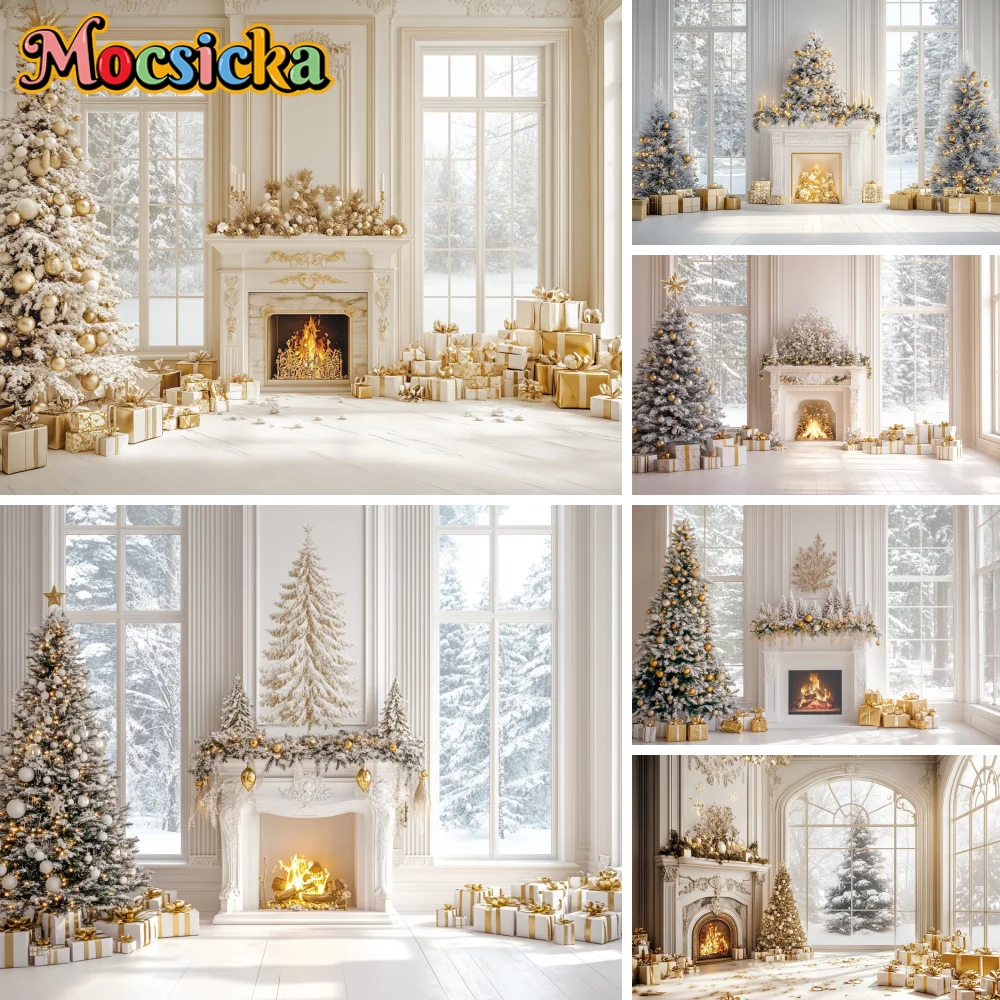 Christmas Fireplace Background Golden Barlot Photo Frame Xmas Tree Candle Backdrop Decor Children Family Photo Studio