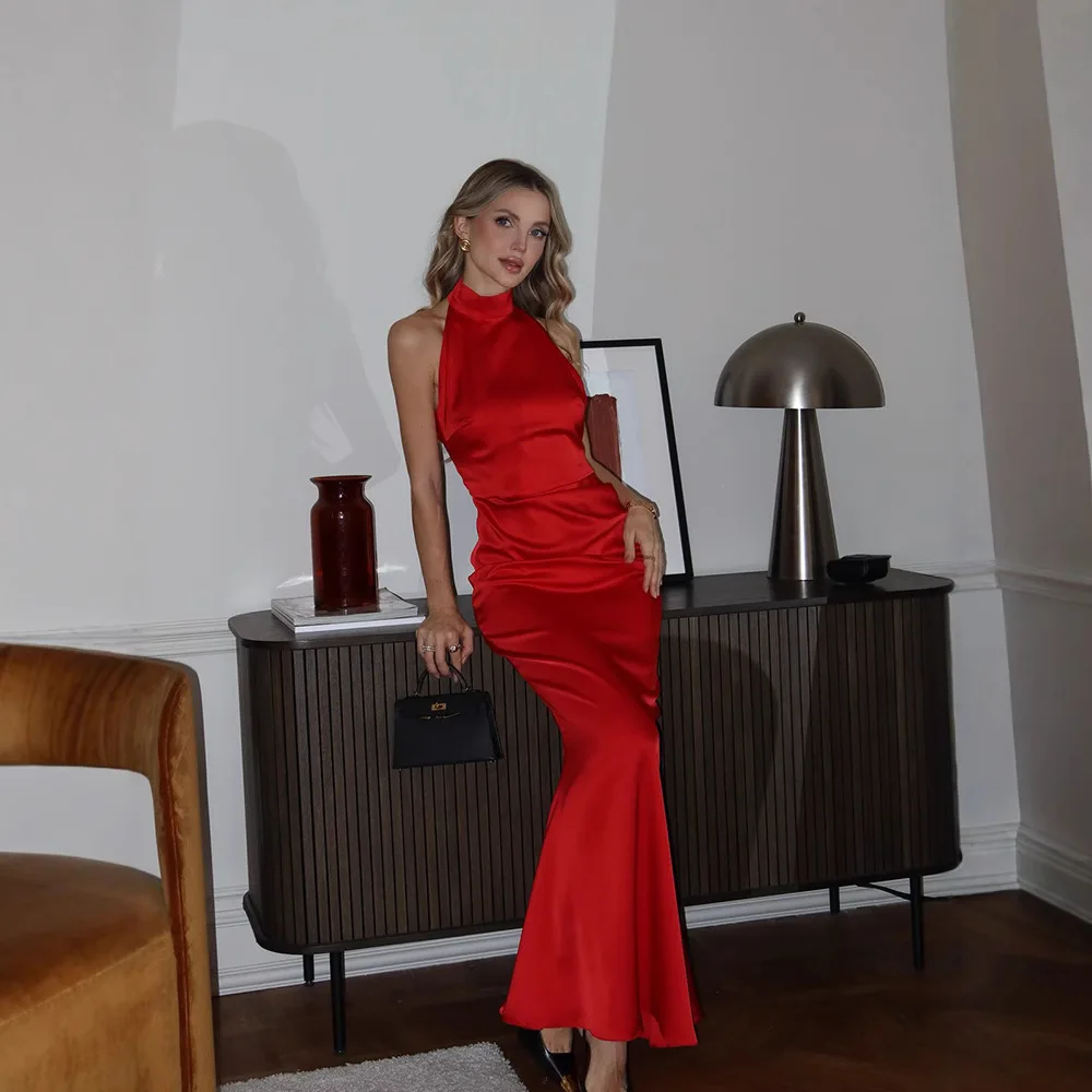 Nouveau tempérament sans manches cou dos mince Satin mode Simple queue de poisson hanche jupe robe jupe