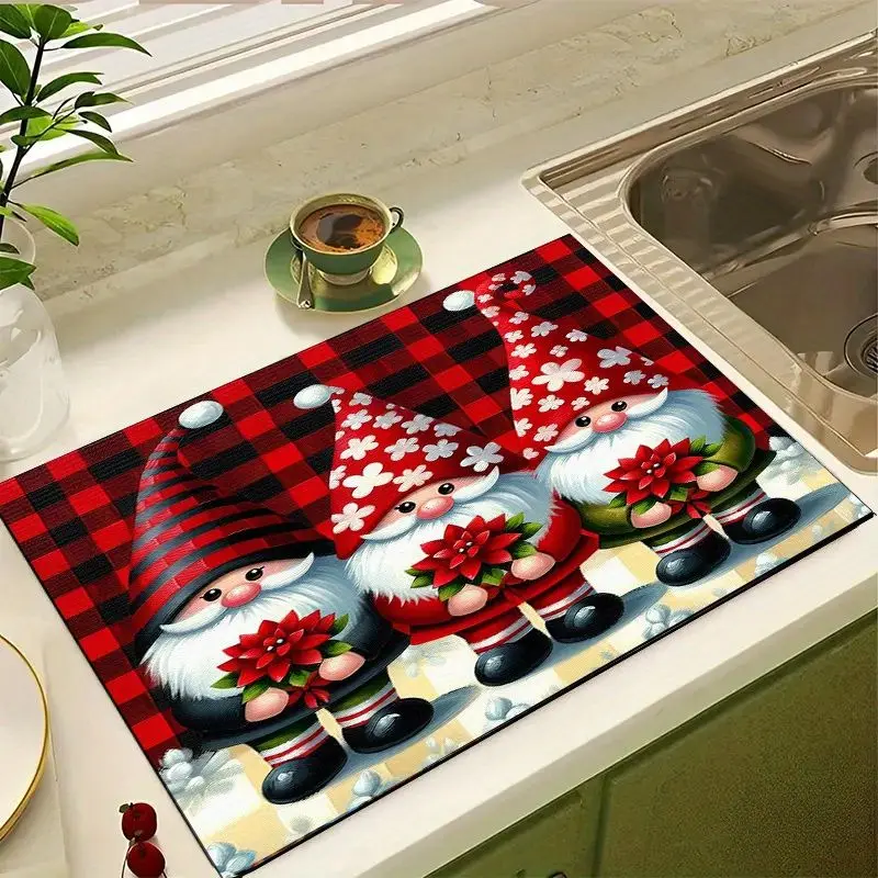 VIKAMA Three Gnomes Stove Cover Mat Buffalo Plaid Print Heat Resistant Cooktop Cover For Kitchen Christmas Holiday Decor