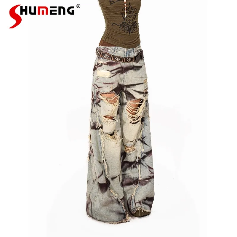 

Irregular Tie-dye Old Jeans Women's Summer New American Retro Style Ripped Mopping Floor Soft Girls Wide-leg Denim Pants Ladies