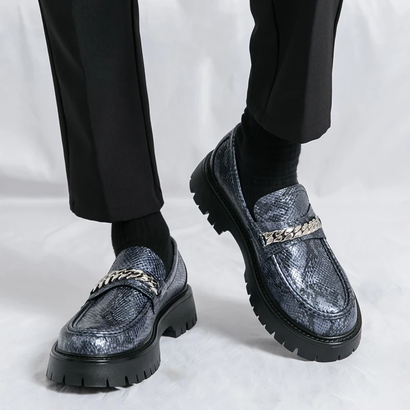 Men Loafers PU Embossed Thick Sole Round Head Metal Chain Decoration Business Casual Men Shoes