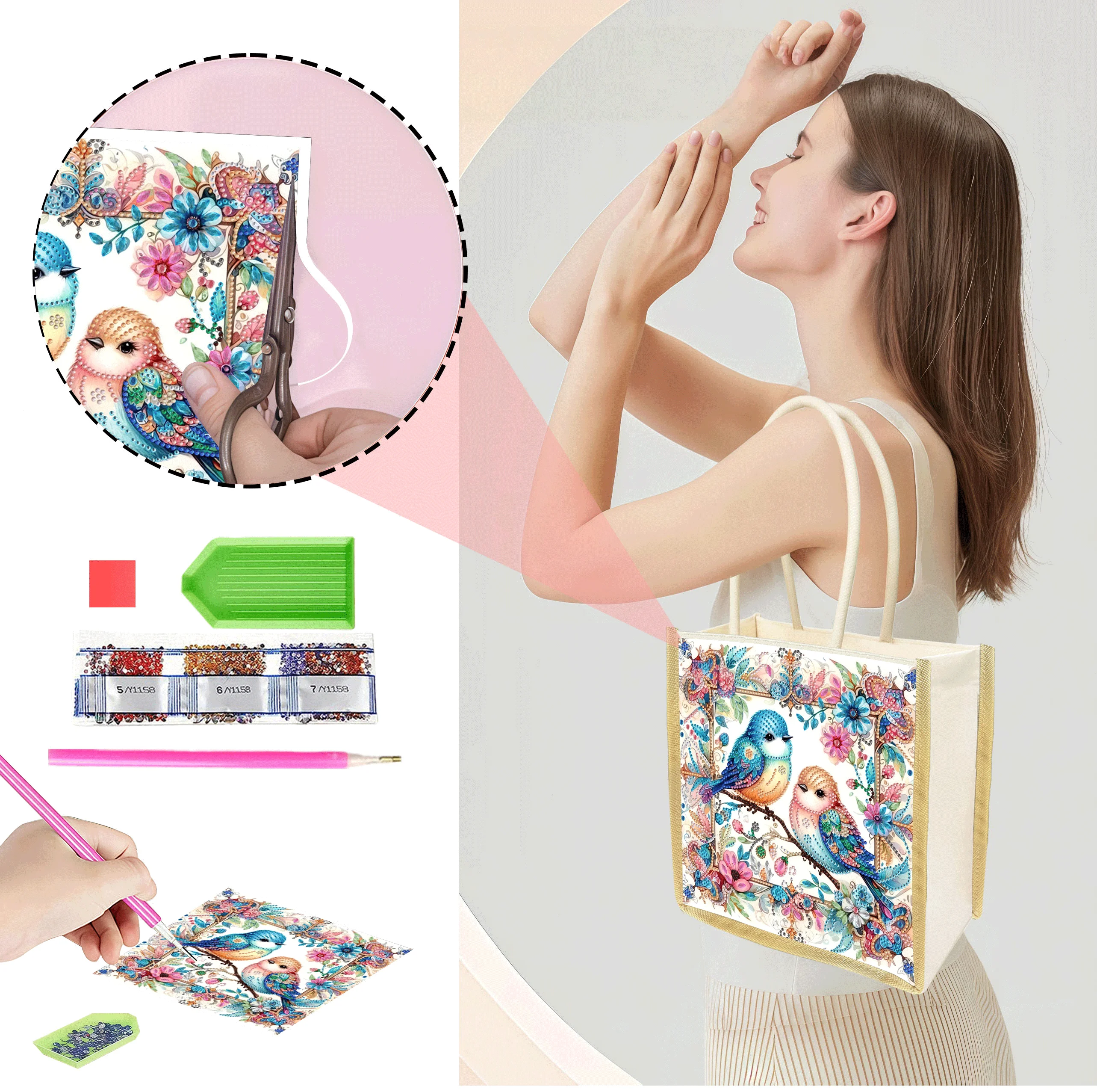 1 Piece of Diamond Painting Shopping bag, bird Pattern, Canvas Material, Replaceable Pattern, a pack of multi-Purpose, high-capa