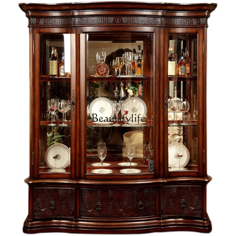 American rural simple solid wood 3-door luxury glass wine cabinet European retro side cabinet