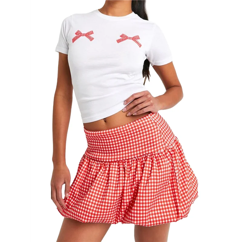 

CYL-Women's Gingham Bubble Mini Skirts Plaid- Bow- Cute Holiday Short Skorts