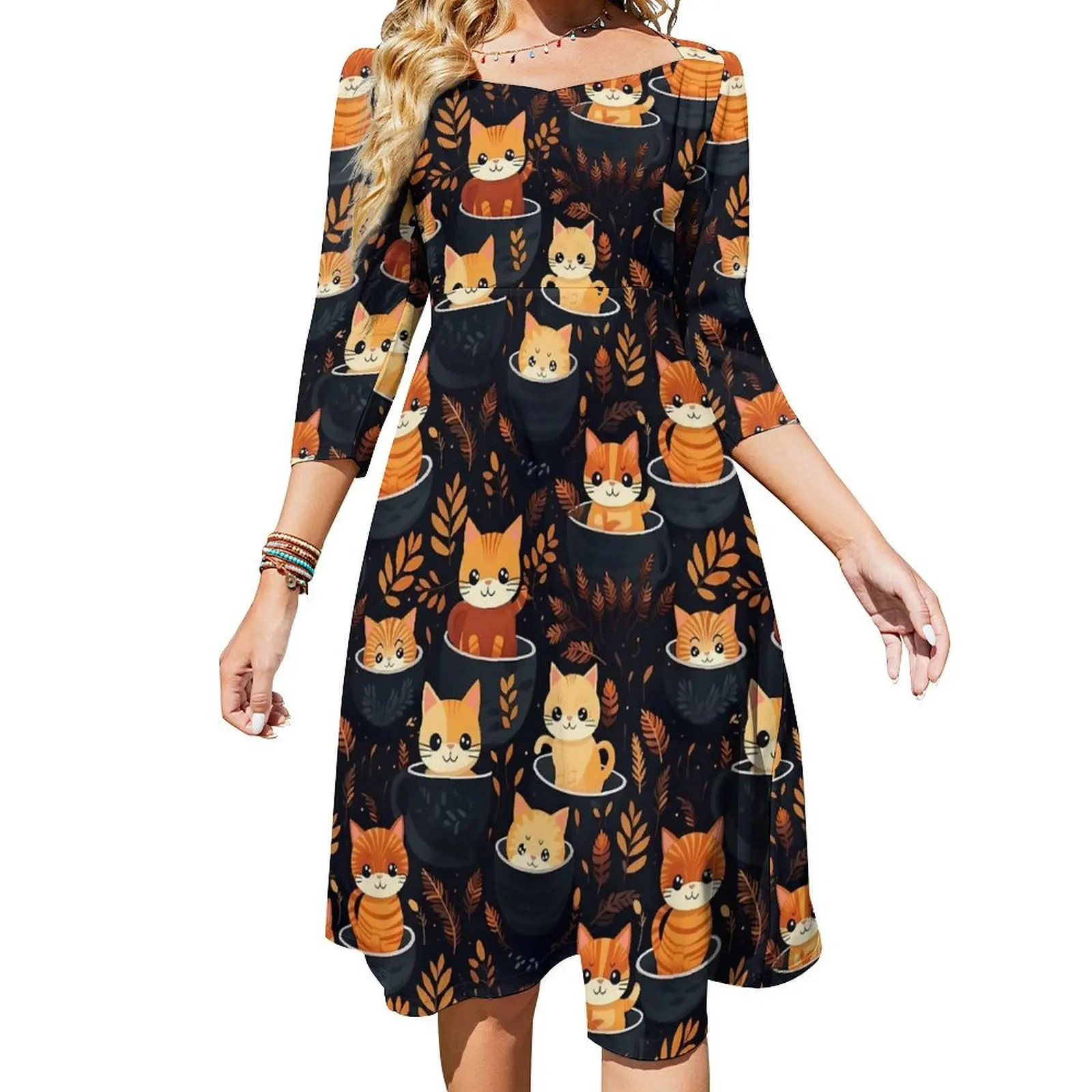 Cartoon Magic Cats Casual Dress Mugs in Delight Pretty Dresses Summer Sexy Square Collar Street Fashion Design Dress 4XL 5XL 6XL