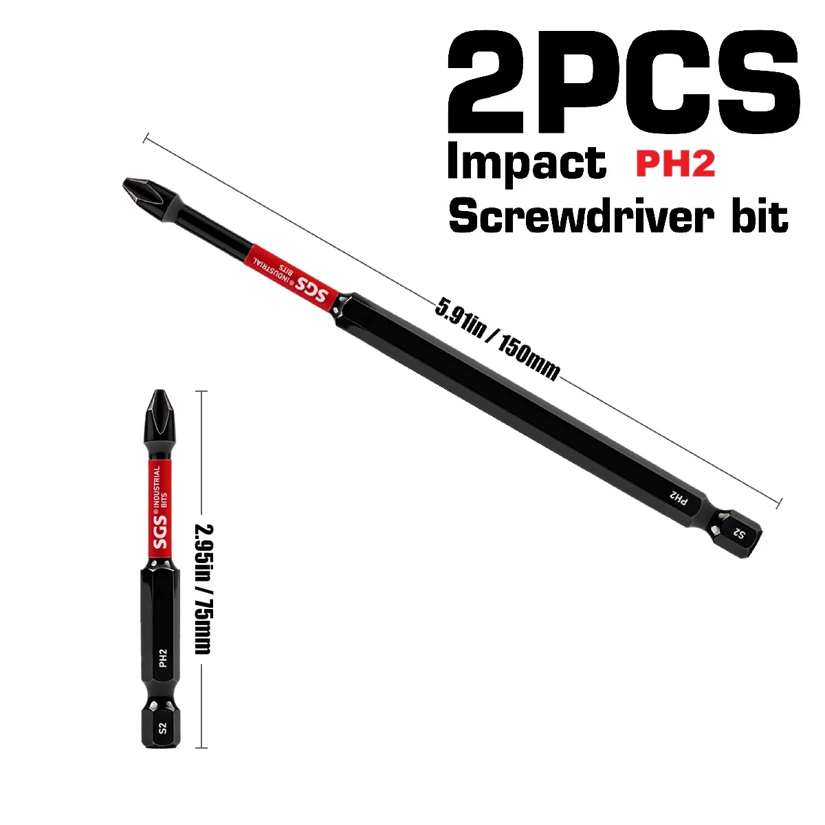 Titan Impact Universal Ph2 Magnetic Impact Bit Set, 2-Piece Set, 75Mm/150Mm Long, S2 High-Strength Steel, 1/4