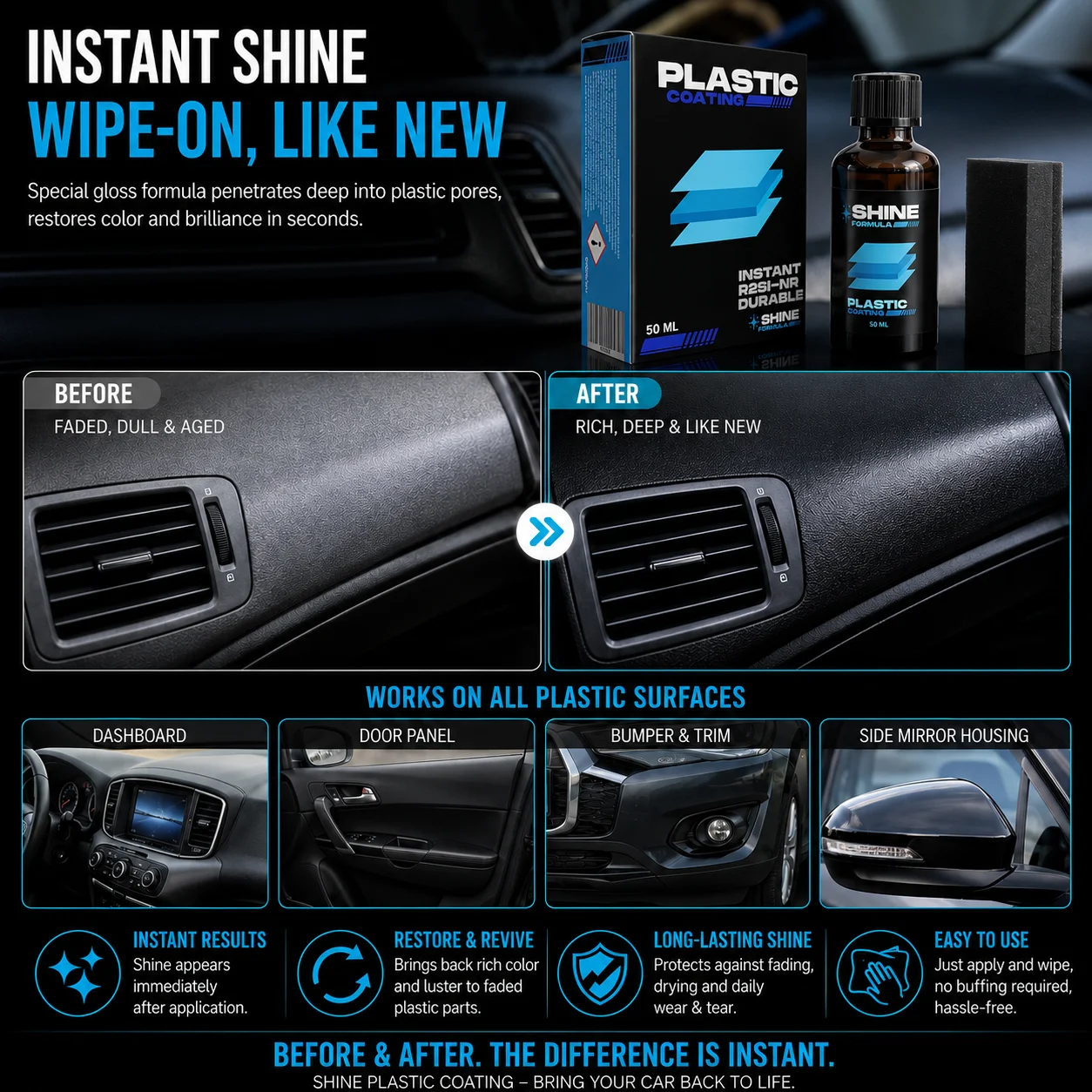Car Plastic Restorer 50ML Plastic Coating for Interior Exterior Trim Hydrophobic Anti Aging UV Protection Long Lasting Shine