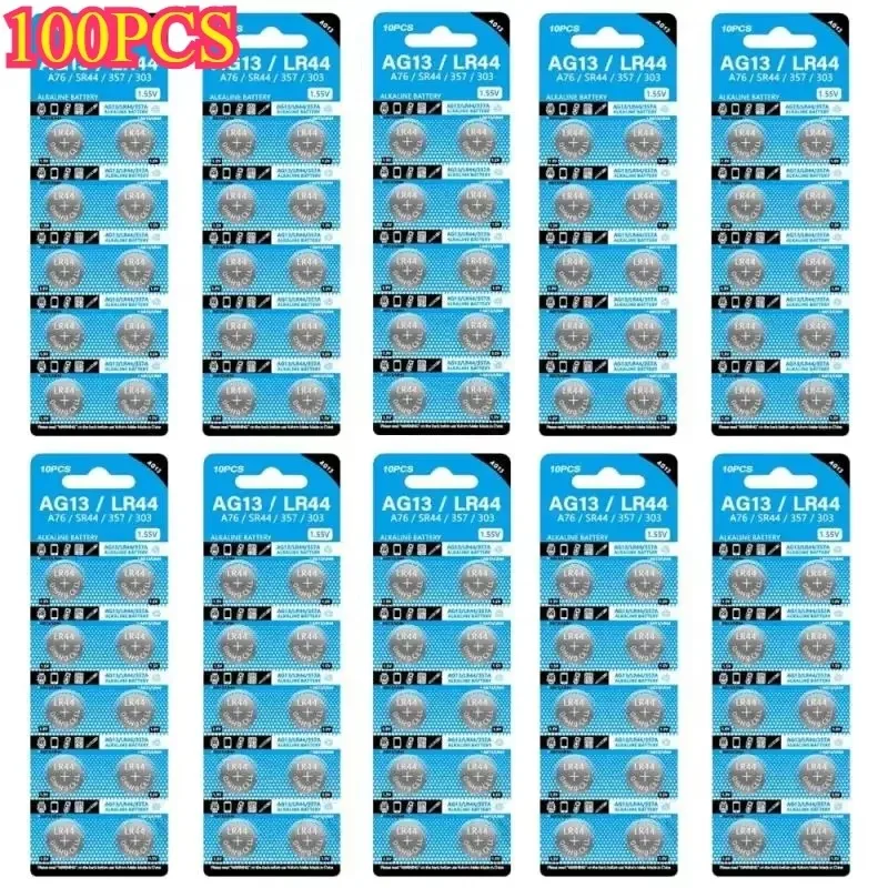 100 шт. AG13 LR44 A76 357A щелочная батарея типа «таблетка» 1,55 В SR44SW L1154 SP76 pila 357 303 для часов Toys No Mercury