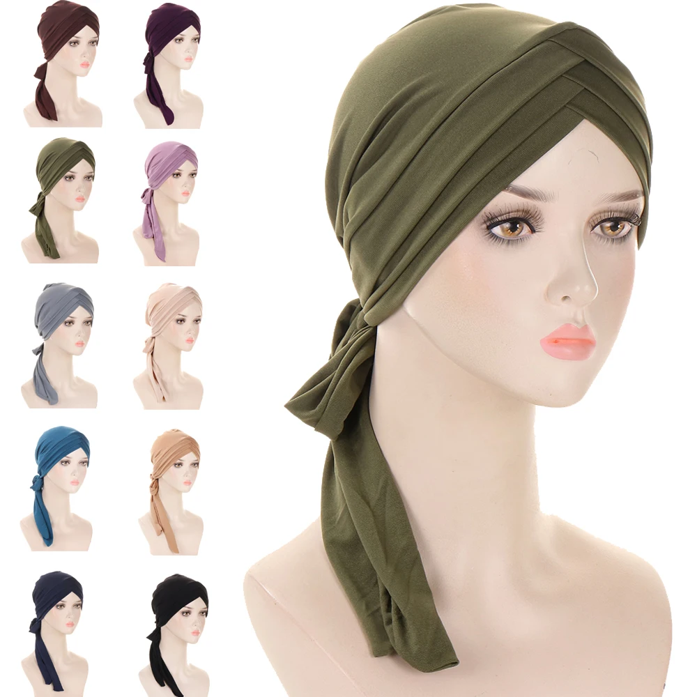 

Muslim Forehead Cross Hijab Turban Hat Women Long Tail Bonnet Chemo Cap Hair Loss Head Scarf Wrap Beanie Headwear Turbante Mujer