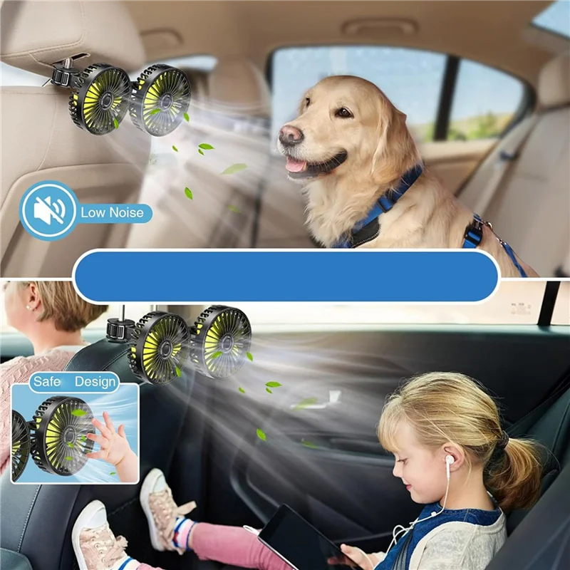 2X USB Car Cooling Fans For Backseat, Dual Head Car Fan For Kids 3 Speeds 360° Rotatable Vehicle Rear Headrest Fans-Boom