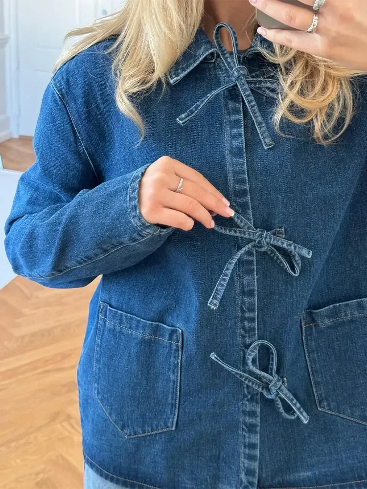 Fashion Denim Bow Lace-up Shirt For Women Casual Lapel Long-sleeved Blue Blouse 2024 Female Chic Office Ladies Streetwear