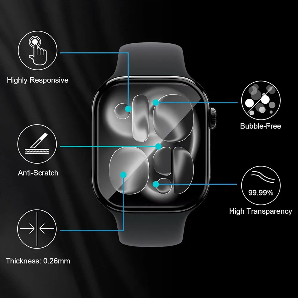 واقي شاشة لساعة أبل 11 42 ملم 46 ملم فيلم زجاجي ناعم ثلاثي الأبعاد عالي الدقة خالي من الفقاعات ومضاد للغبار ومقاوم للخدش iWatch Series 10 11