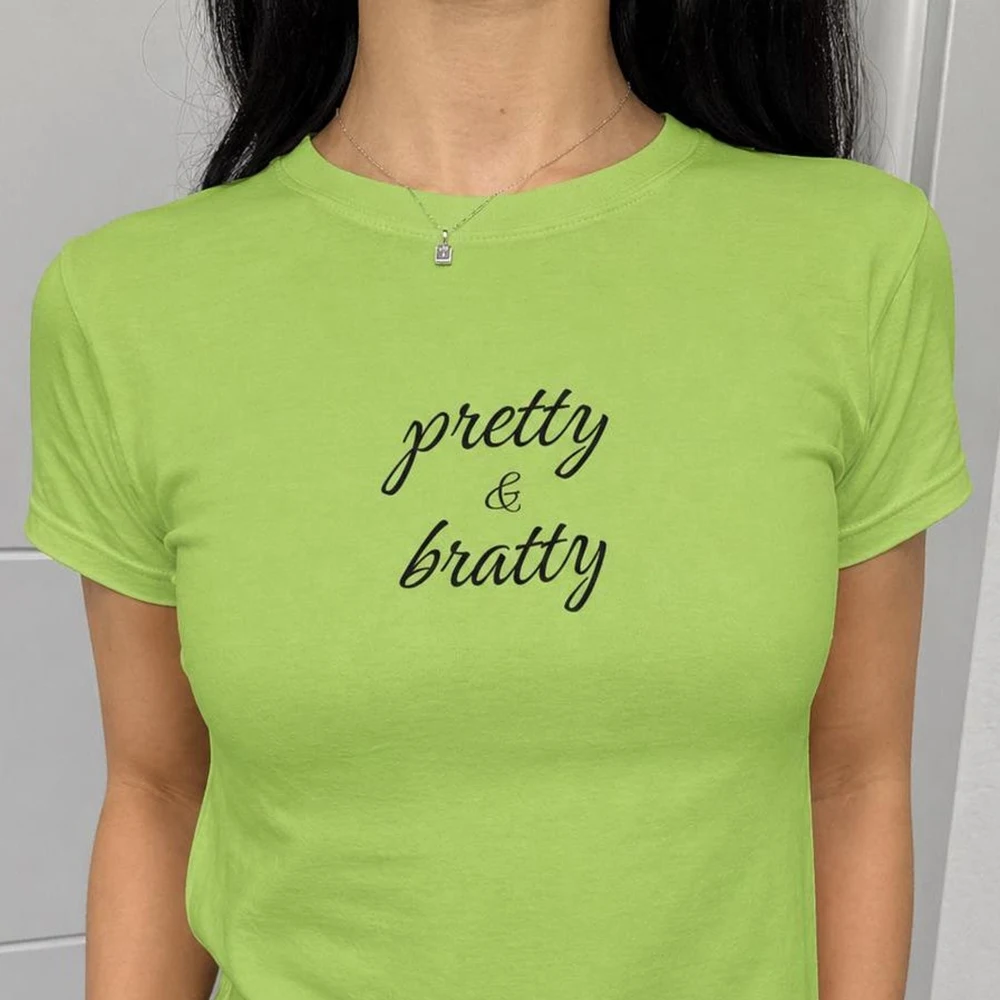 2026 New Trendy Summer Women's Graphic Tee 'Pretty & Bratty' Y2K Aesthetic Streetwear Cute Brat Baby T-Shirt Casual Chic Top
