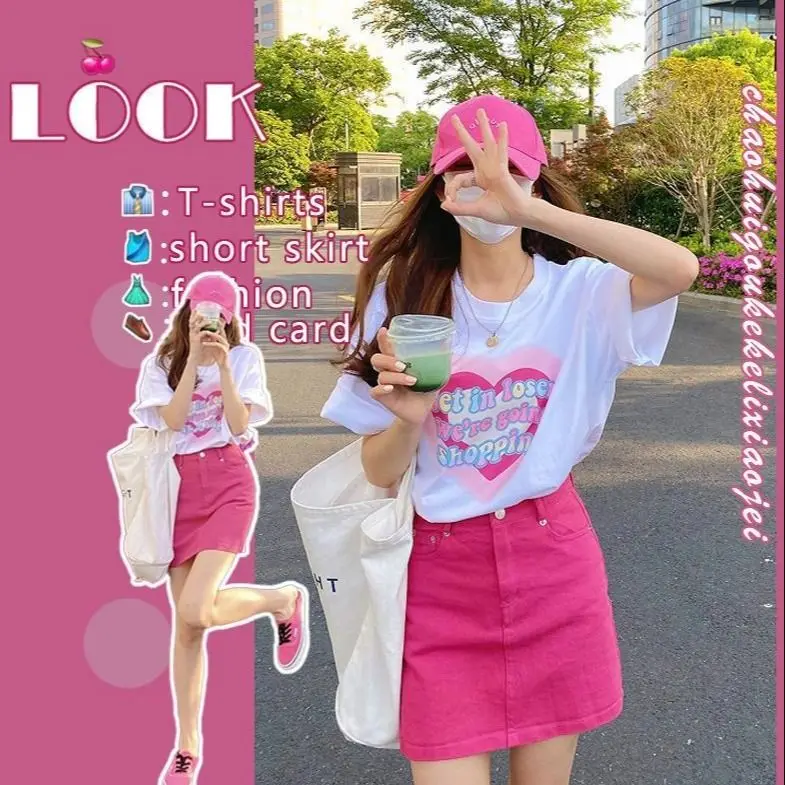 

Юбка Red Dragon Fruit Dopane с высокой талией, А-силуэт, корейская, укороченная, летняя, джинсовая, для стройных девушек