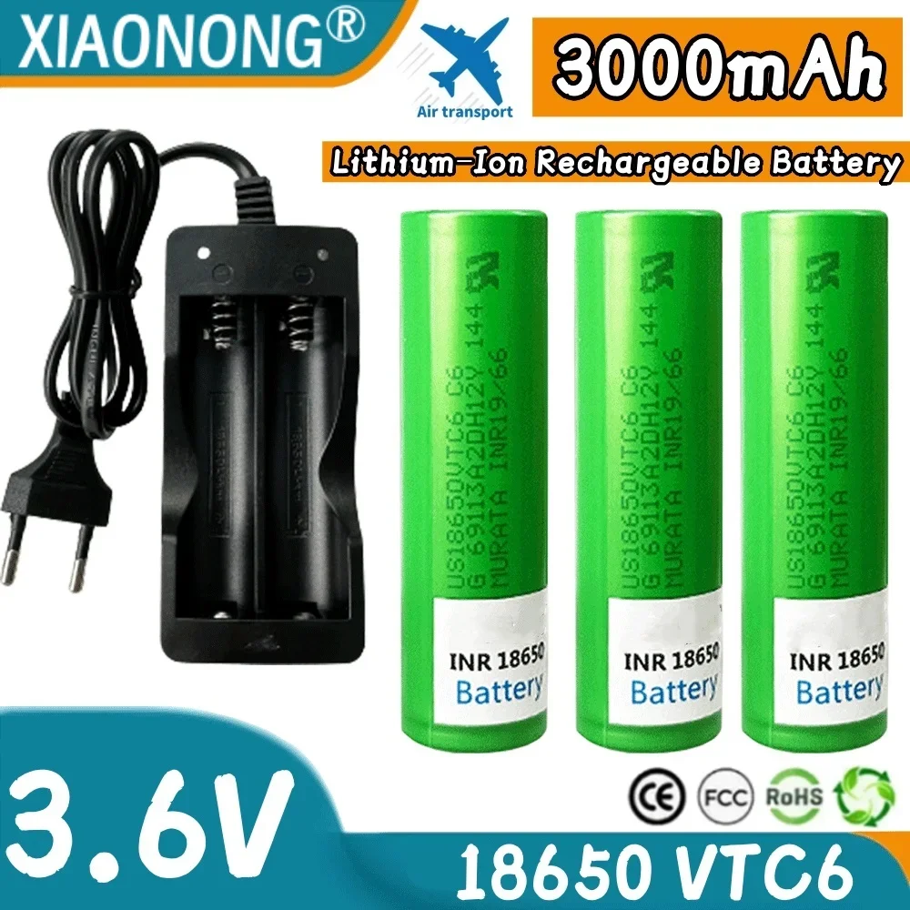 

100% brand-new 18650 VTC6 3.6V 3000mAh Rechargeable Lithium-ion battery suitable for remote control, flashlights etc+charger