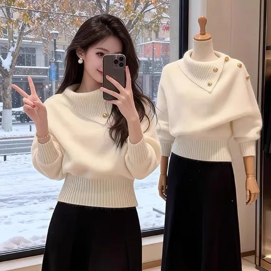 

Light Mature Sle Knitted Sweater Women's Turn-down Collar Bubble Sve Camere Quali Autumn Winter Top Faionable Comm...