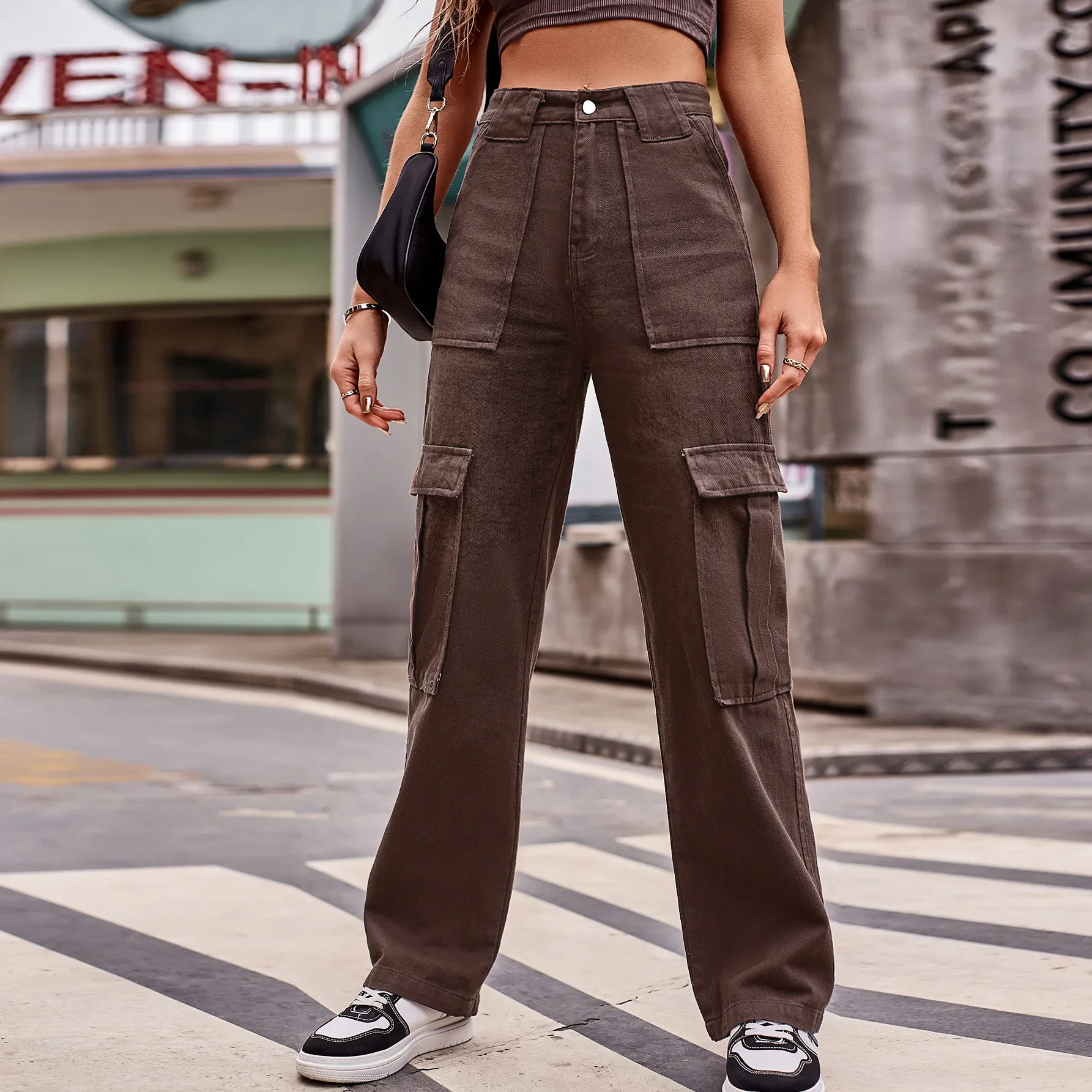 Pantalones Cargo para mujer, Vaqueros Vintage de cintura media con múltiples bolsillos, ropa informal estilo Hip Hop, Pantalones rectos lavados, otoño 2025