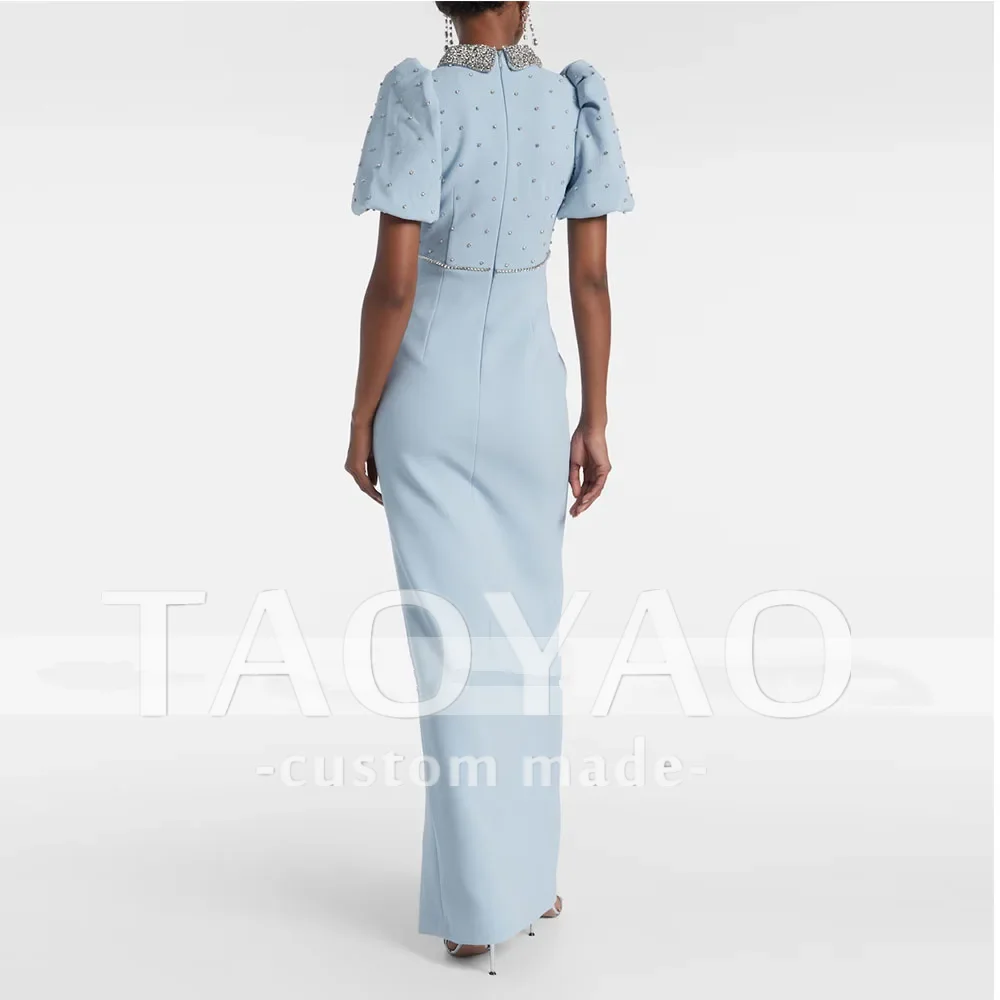 モダンなスカイブルーのイブニングドレス、ウェディング、マーメイド、ビーズ刺繍、パーティードレス、半袖、サイドスリット、プロムドレス、ビーズ刺繍、サウジドレス