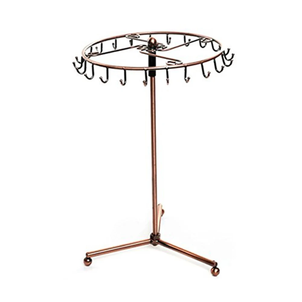 

Jewelry Rack 360 Degree Rotation Metal Organizer Hanger Display Necklace Bracelet Stand 23 Hooks Triangular Base Space Saving