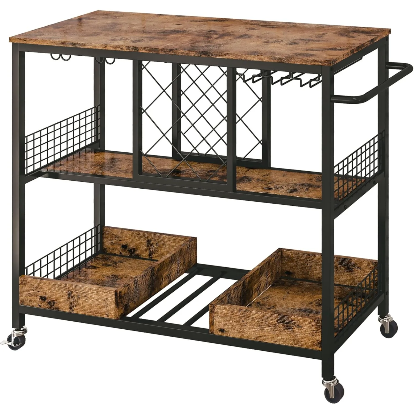 

US Bar Cart, Industrial Serving Cart on Wheels Kitchen Storage Cart for The Home Wood and Metal Frame, Rustic Brown