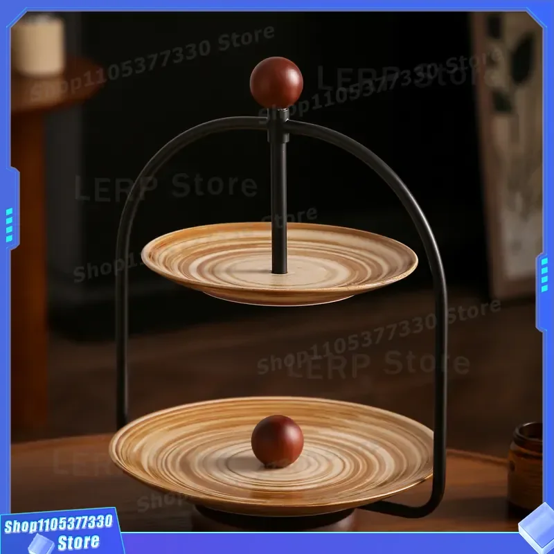 Japanese Style Ceramic Double Layer Snack Plate Retro Handmade Dried Fruit Tray Silent Wind Design Candy Dish for Home