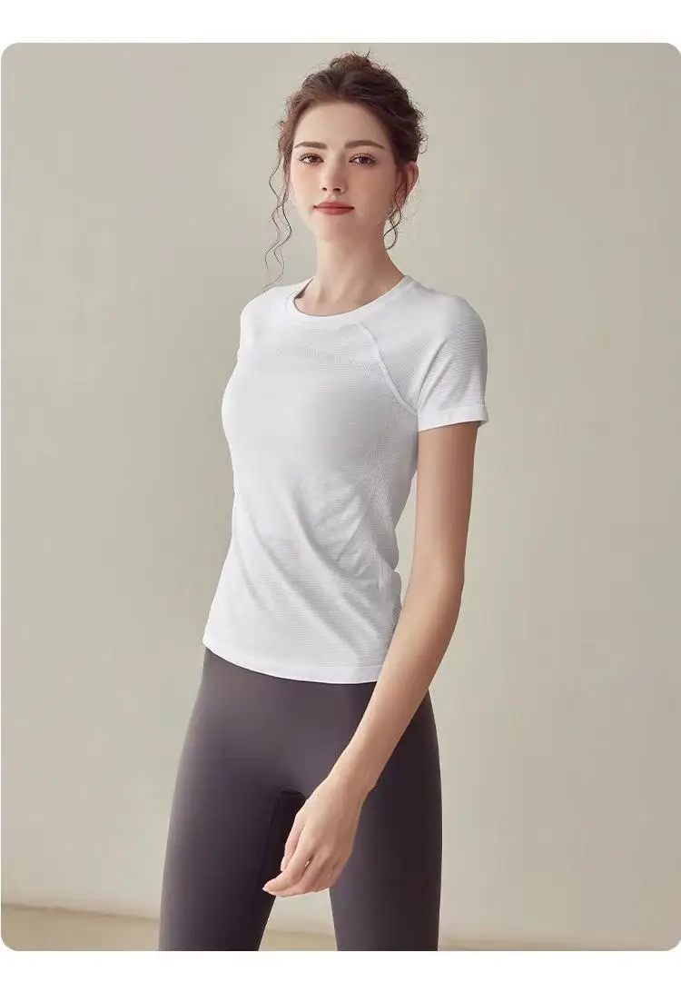 Sport-Tops Schnelltrocknend Damen Fitness Lauf-Yoga Kurzarm Feuchtigkeitsspendend Wundfreundlich Elastisch Atmungsaktives Yoga-Anzug T-Shirt – Detail 4