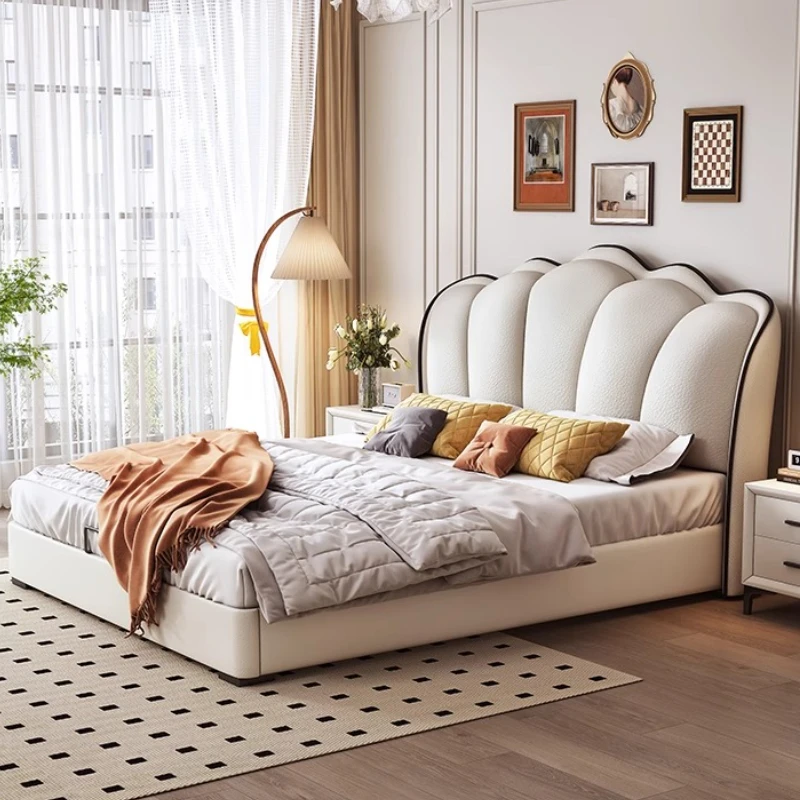 

cheap Deluxe French Cream Style Leather Double Bed 2 people Beds Bedroom Furniture 1800mmx2000mm 1500mmx2000mm double bed frame