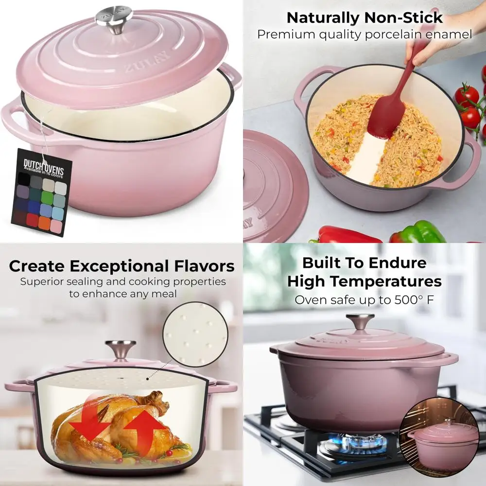 

Enameled Cast Iron Dutch Oven Pot, 6 Quart, Heavy Duty, Oven Safe to 500°F, Premium Durability Cookware with Lid - Large Capacit