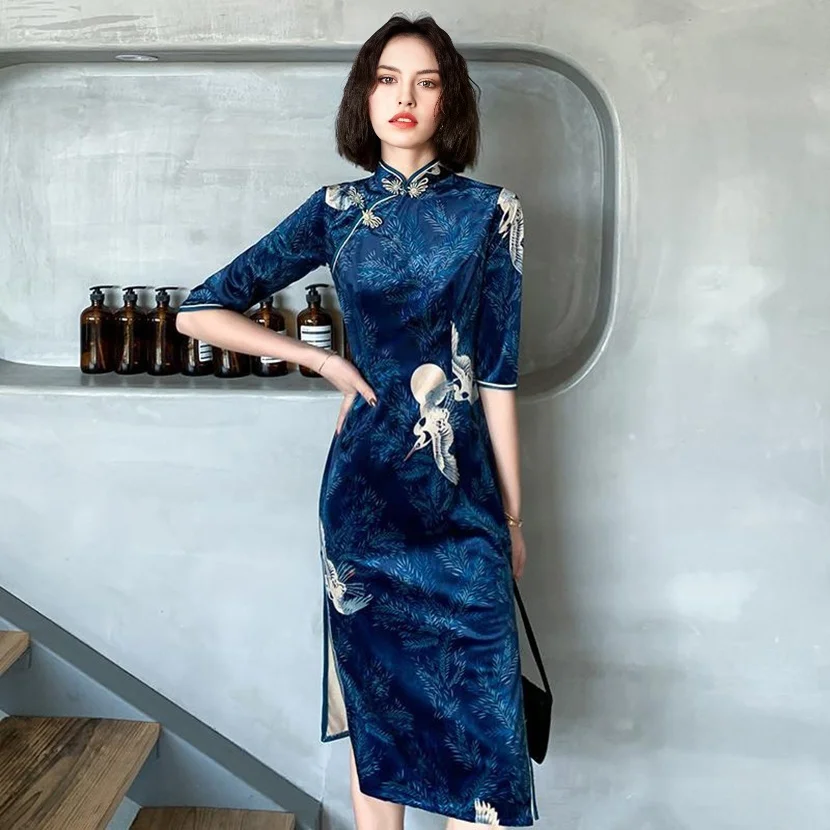 Modern Long Sleeve Qipao Dress for Women, Chinese Traditional Cheongsam, Red Blue Dress