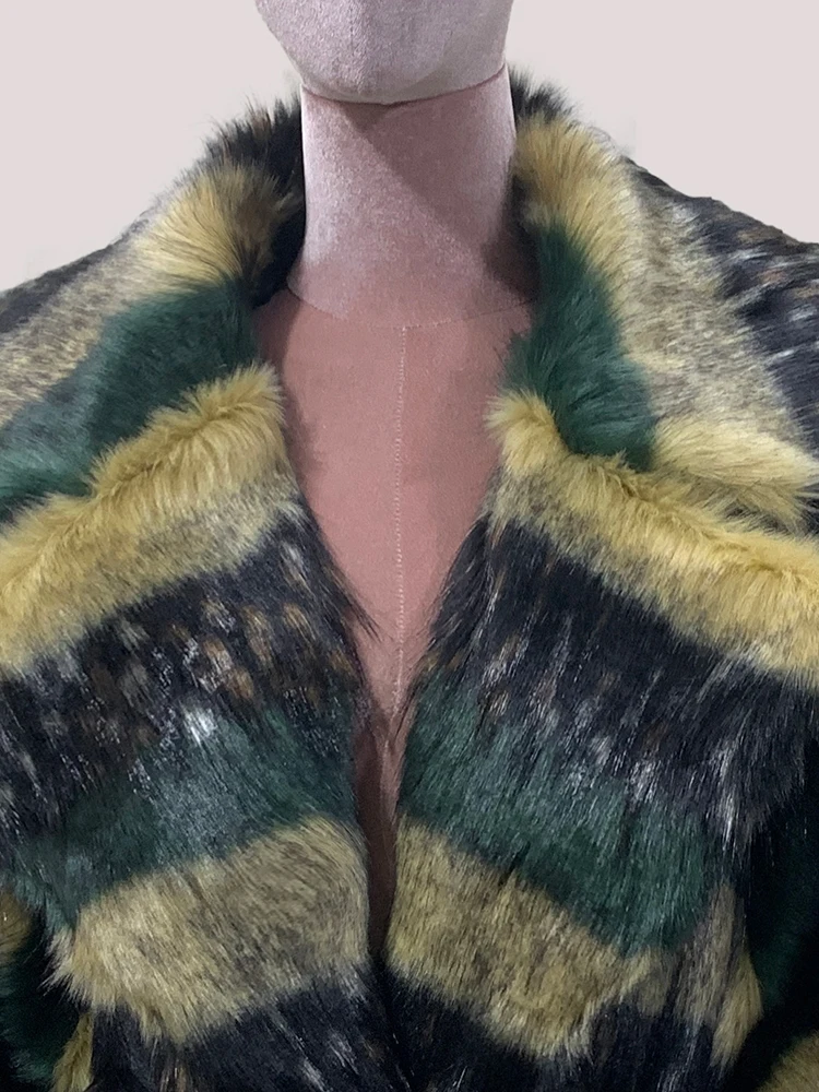 Mauroicardi Winter Long Warm Thick Colorful Striped Hairy Shaggy Soft Faux Fox Fur Coat Women Sashes Luxury Furry Overcoat 2025